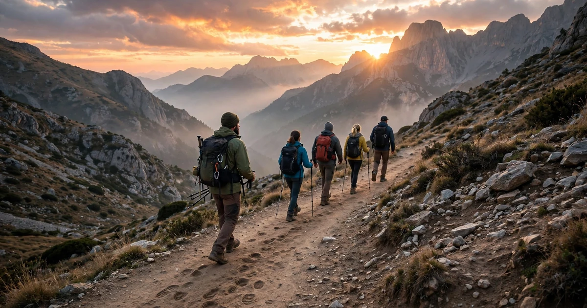 A mountain guide leading a line of hikers up a rocky trail at sunrise, footprints in the dust, photorealistic style.