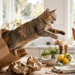 A paper shopping bag tipping over on a kitchen table with a surprised cat leaping out as a person gasps, bright daylight, photorealistic style.