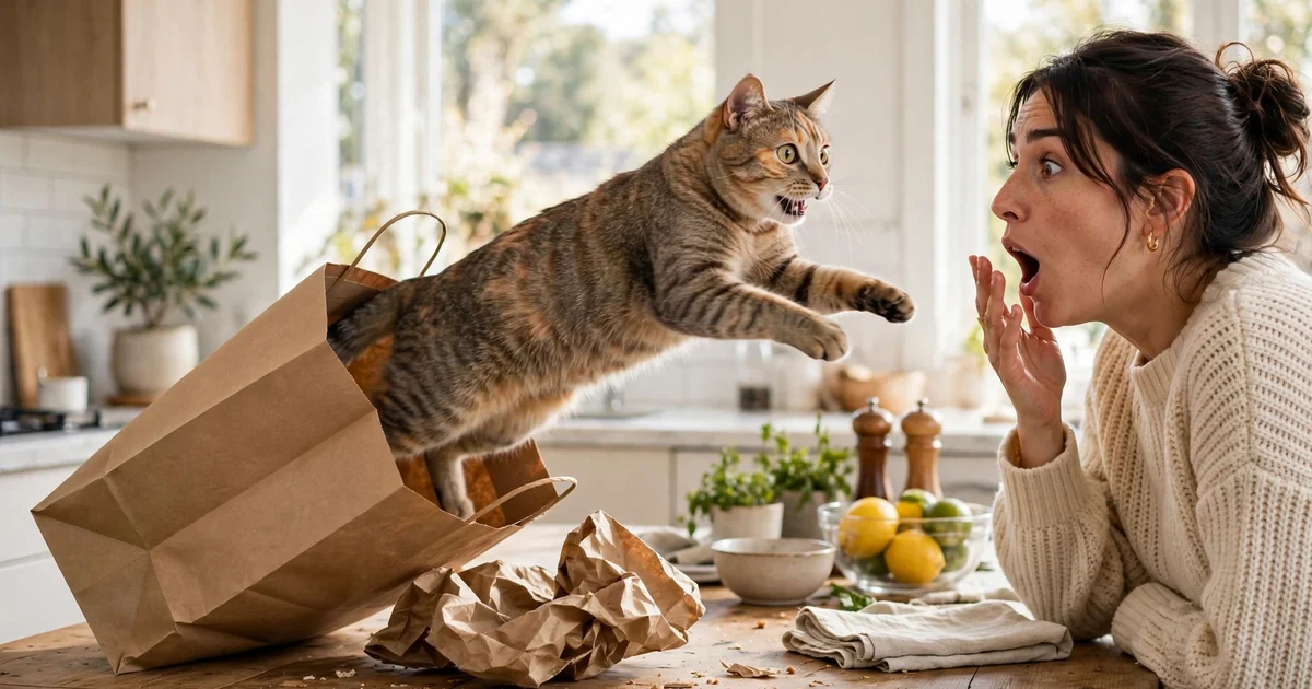 A paper shopping bag tipping over on a kitchen table with a surprised cat leaping out as a person gasps, bright daylight, photorealistic style.