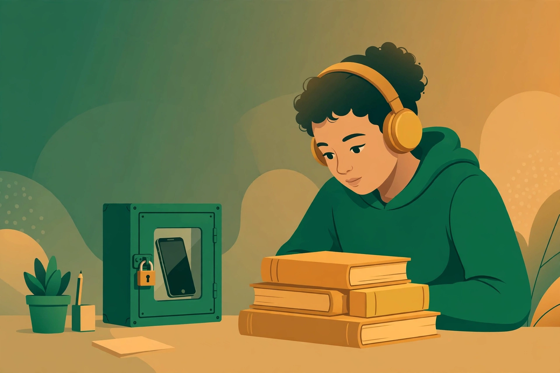 Illustration of a focused student wearing headphones and locked onto books with a phone locked away, visualizing the slang lock in