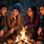 A group of friends around a campfire at night, one person gesturing dramatically while telling a story as others lean in listening, warm photorealistic style.