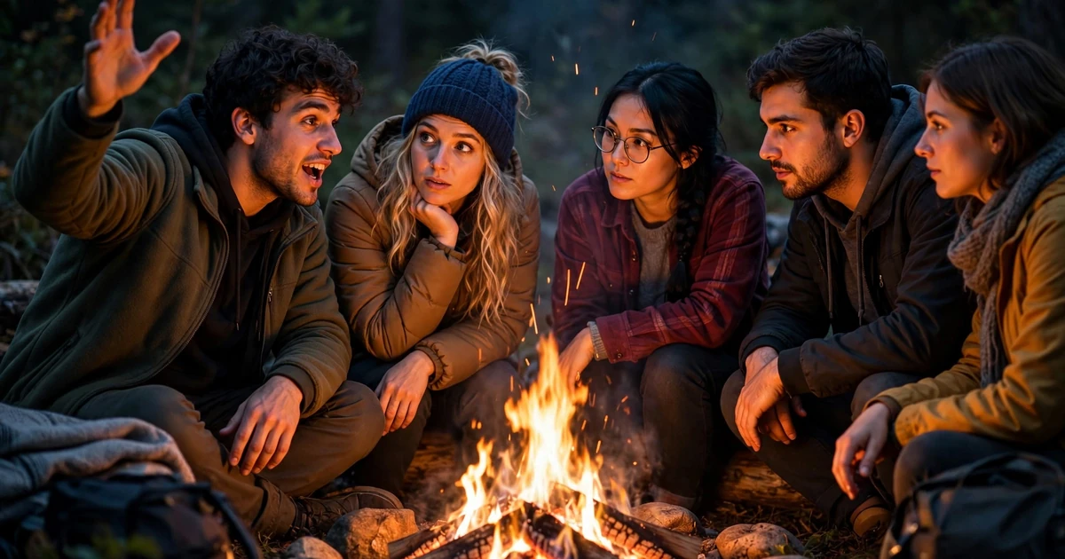 A group of friends around a campfire at night, one person gesturing dramatically while telling a story as others lean in listening, warm photorealistic style.
