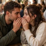 Two friends whispering to each other behind cupped hands in a busy coffee shop, others unaware, candid photorealistic style.