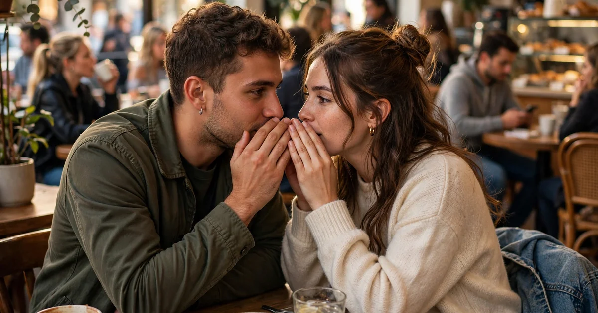 Two friends whispering to each other behind cupped hands in a busy coffee shop, others unaware, candid photorealistic style.