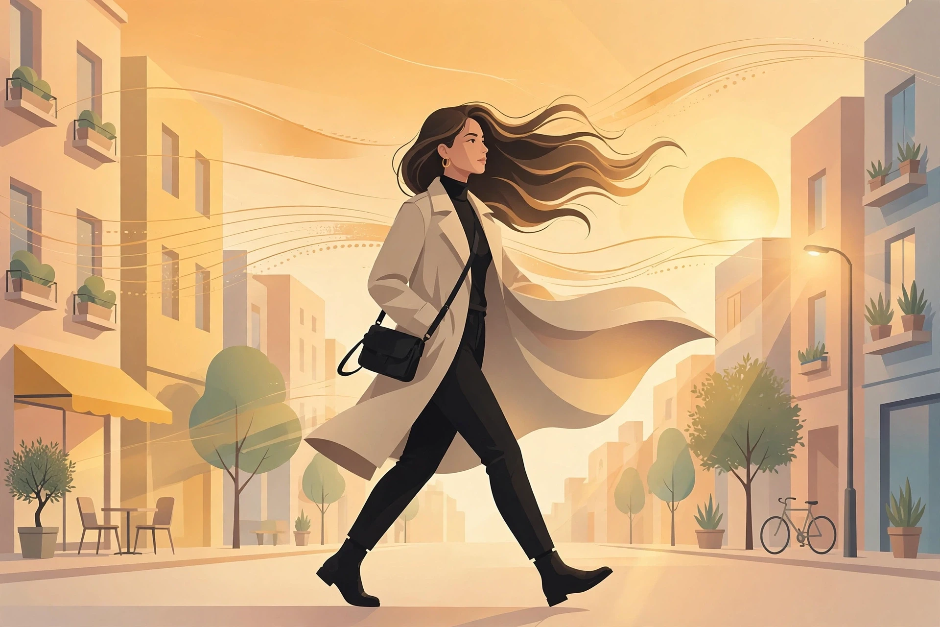 Illustration of a confident young woman walking through a city street in cinematic slow motion as if starring in a movie, visualizing main character energy