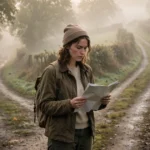 A person standing at a fork in a misty road holding a map, deciding which path to take, thoughtful photorealistic style.