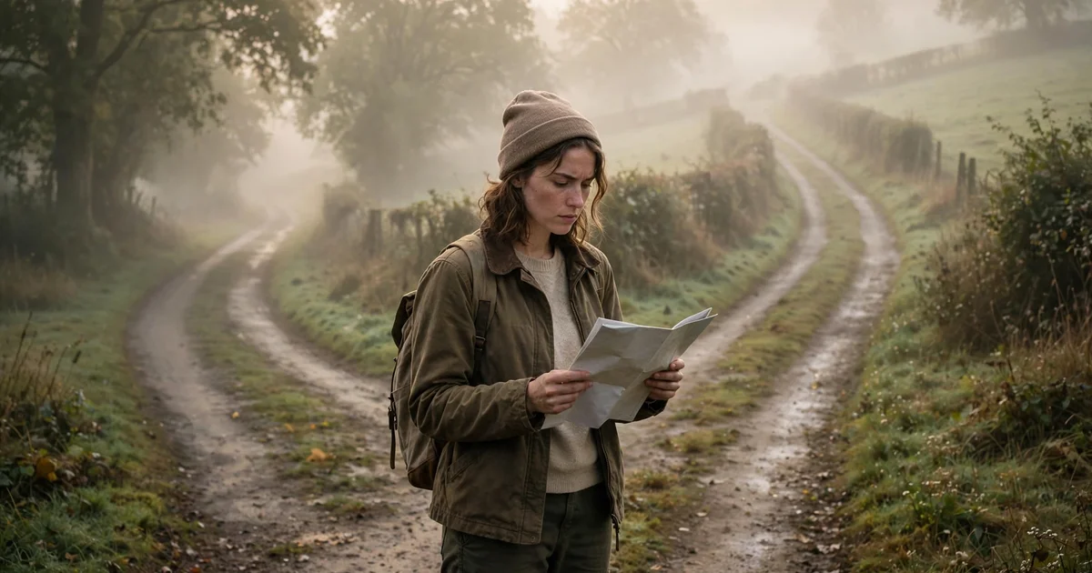 A person standing at a fork in a misty road holding a map, deciding which path to take, thoughtful photorealistic style.