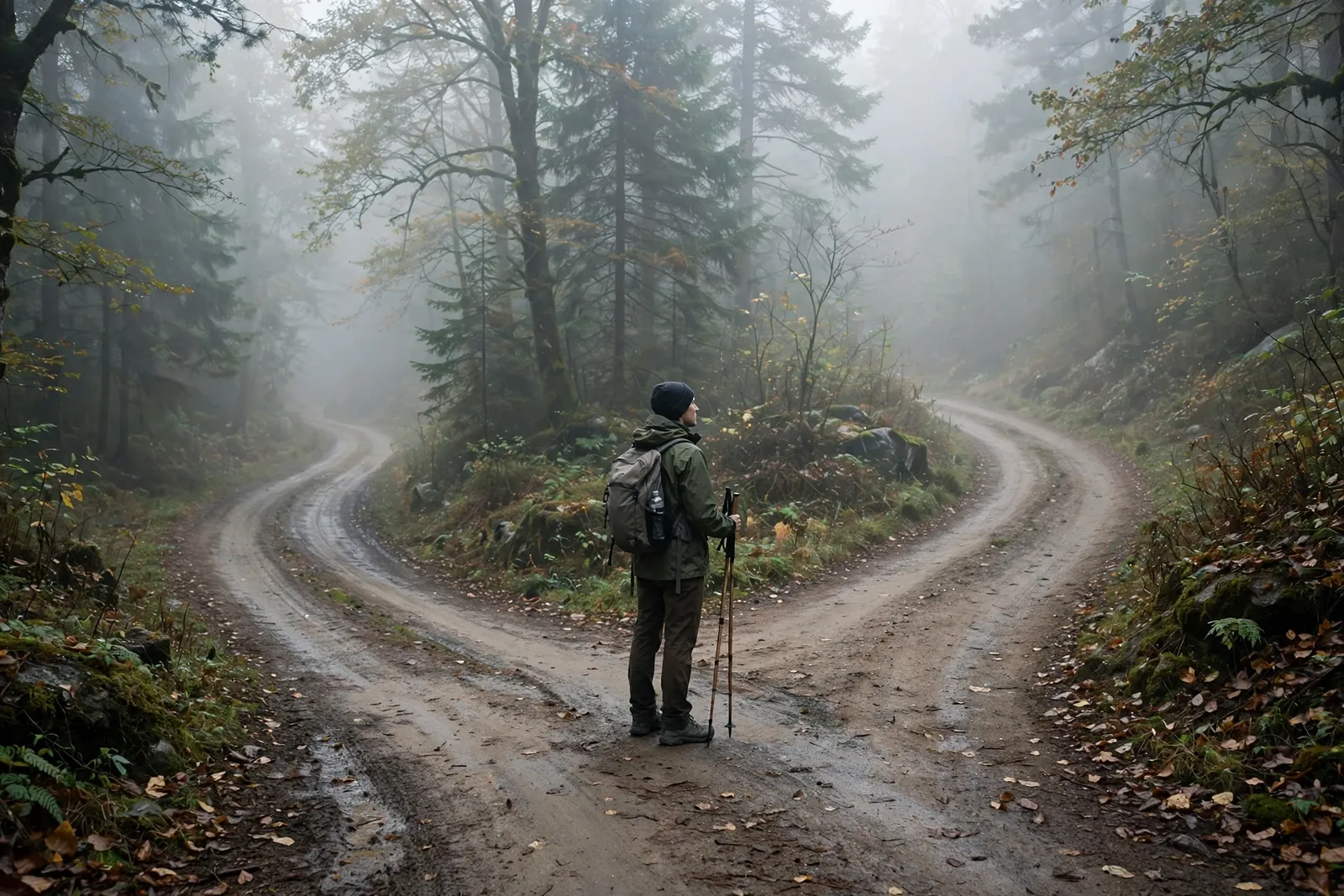A forked road in morning fog, one path curving left and one right, a lone traveler pausing at the split, photorealistic style.
