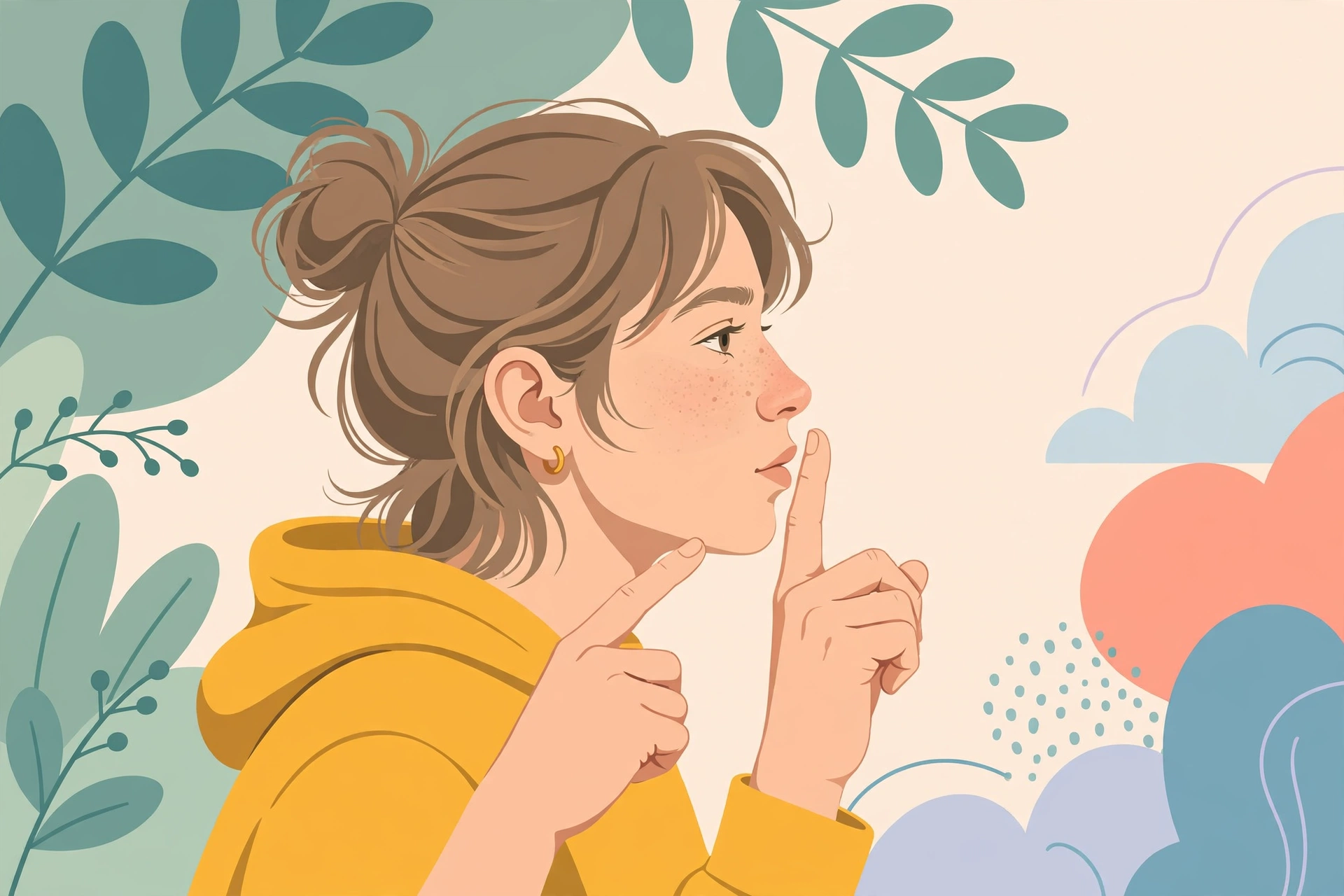 Illustration of a young person in profile doing the shushing finger-to-lips gesture while pointing at their jawline, flat vector style.