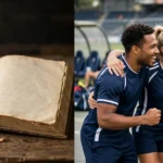 A judge's gavel beside an open rulebook on one side and a cheering sports team huddle on the other, split composition, photorealistic style.