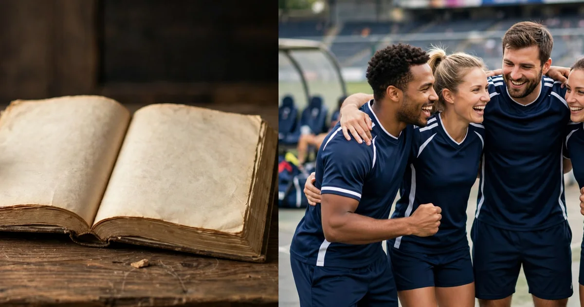 A judge's gavel beside an open rulebook on one side and a cheering sports team huddle on the other, split composition, photorealistic style.