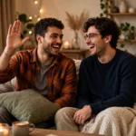 Two friends laughing on a couch, one holding up an open hand in a sincere promise gesture, warm living room setting, photorealistic style.