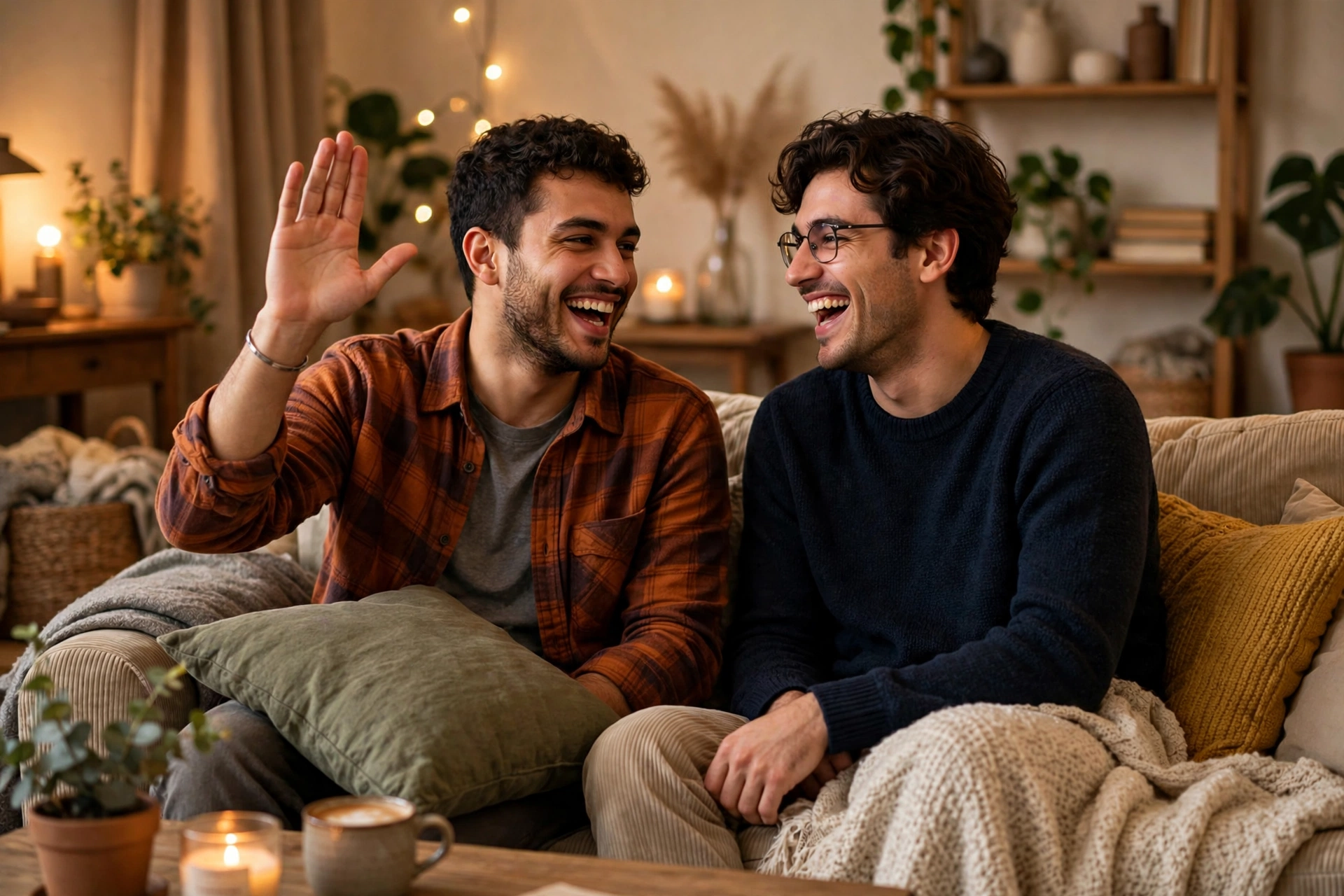 Two friends laughing on a couch, one holding up an open hand in a sincere promise gesture, warm living room setting, photorealistic style.
