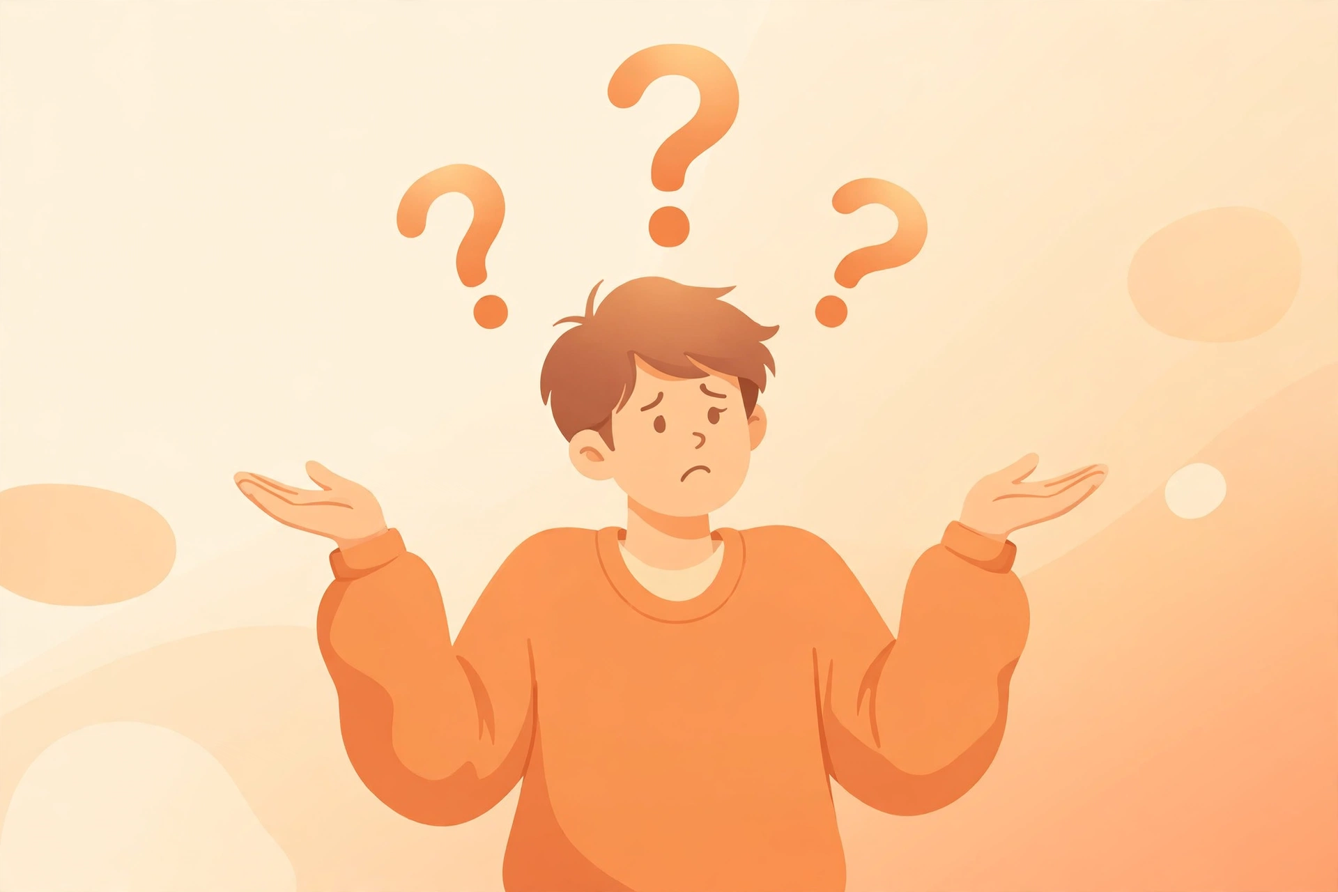 Illustration of a confused person shrugging with question marks floating overhead, visualizing the meaning of nonplussed