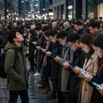 A crowded city sidewalk where every pedestrian stares down at a glowing phone, one person walking against the flow looking up, cinematic photorealistic style.