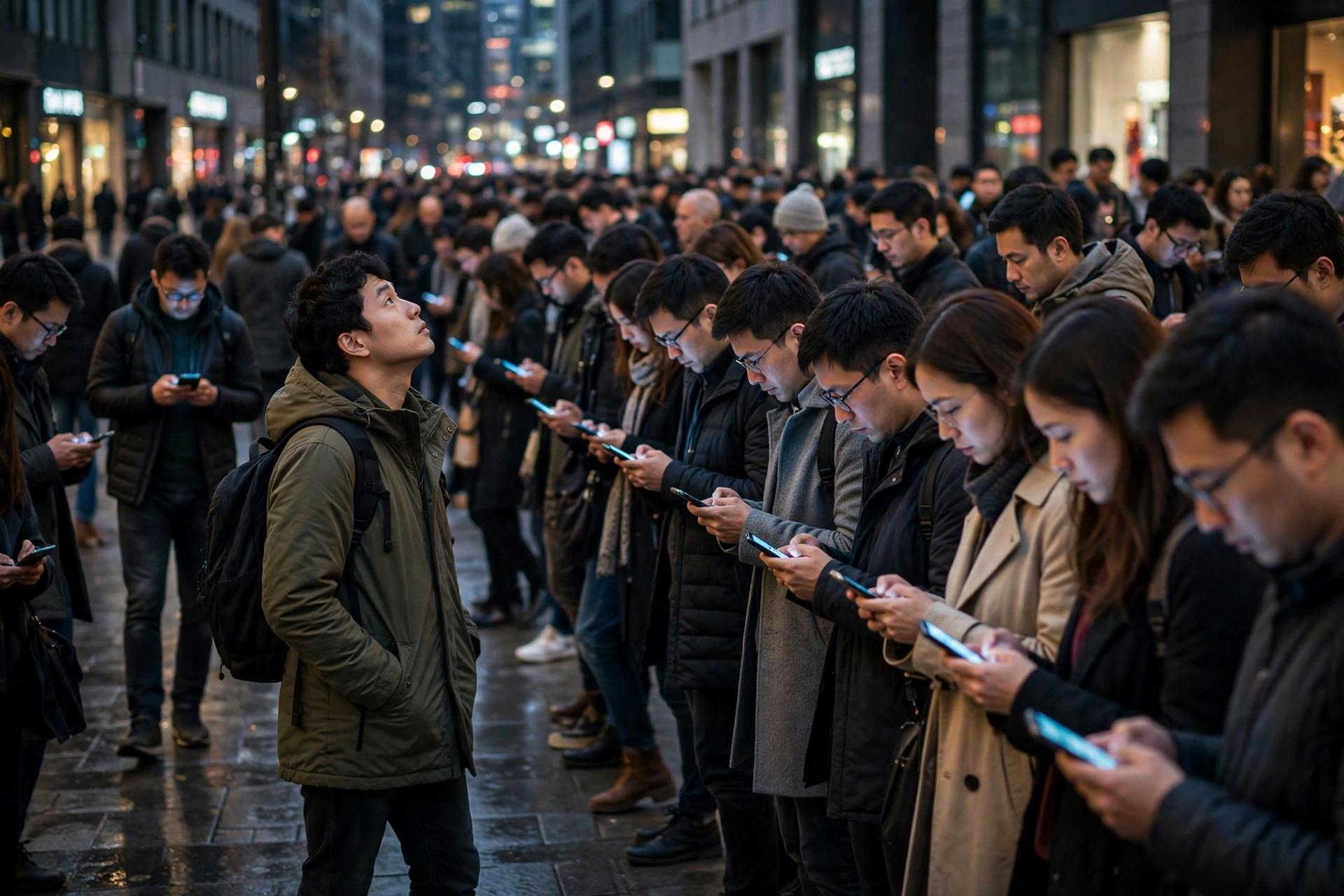 A crowded city sidewalk where every pedestrian stares down at a glowing phone, one person walking against the flow looking up, cinematic photorealistic style.