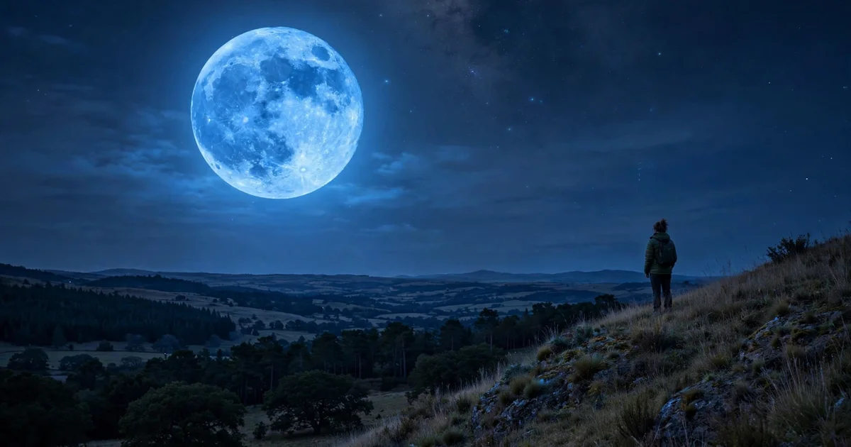 A rare large blue moon glowing over a quiet night landscape, a lone observer on a hill, stars visible, photorealistic style.