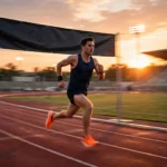 A runner sprinting past a finish line banner on a track at sunset, motion blur, photorealistic sports photography.