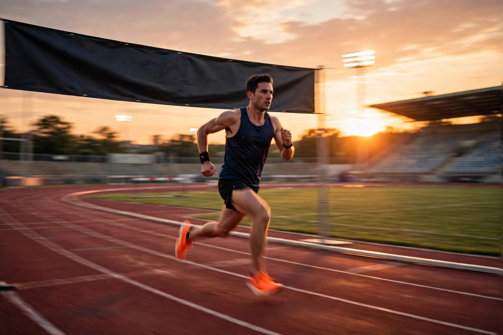 A runner sprinting past a finish line banner on a track at sunset, motion blur, photorealistic sports photography.
