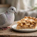 A serene dove perched beside a single slice of apple pie on a wooden table, soft morning light, photorealistic style.