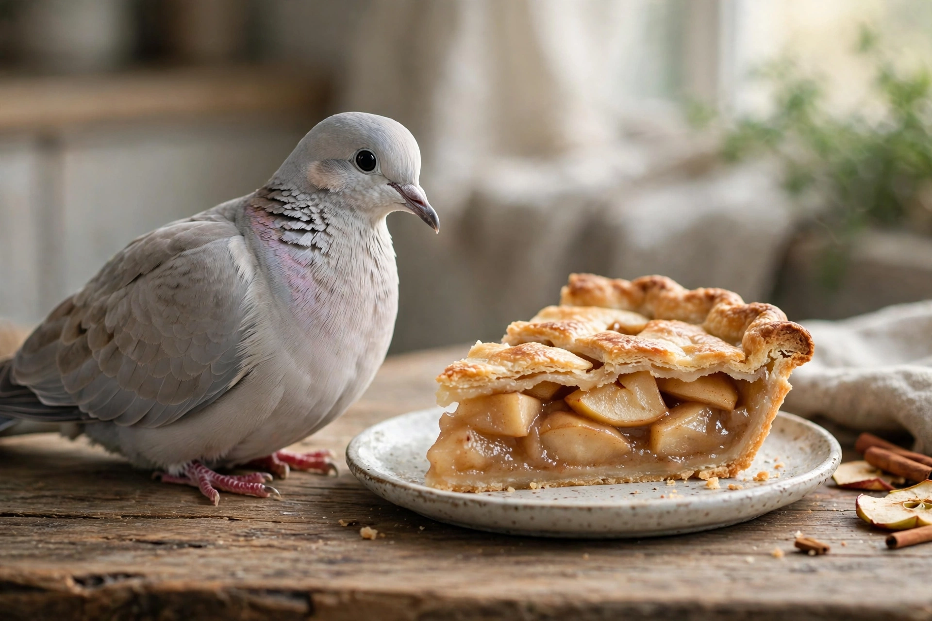 A serene dove perched beside a single slice of apple pie on a wooden table, soft morning light, photorealistic style.