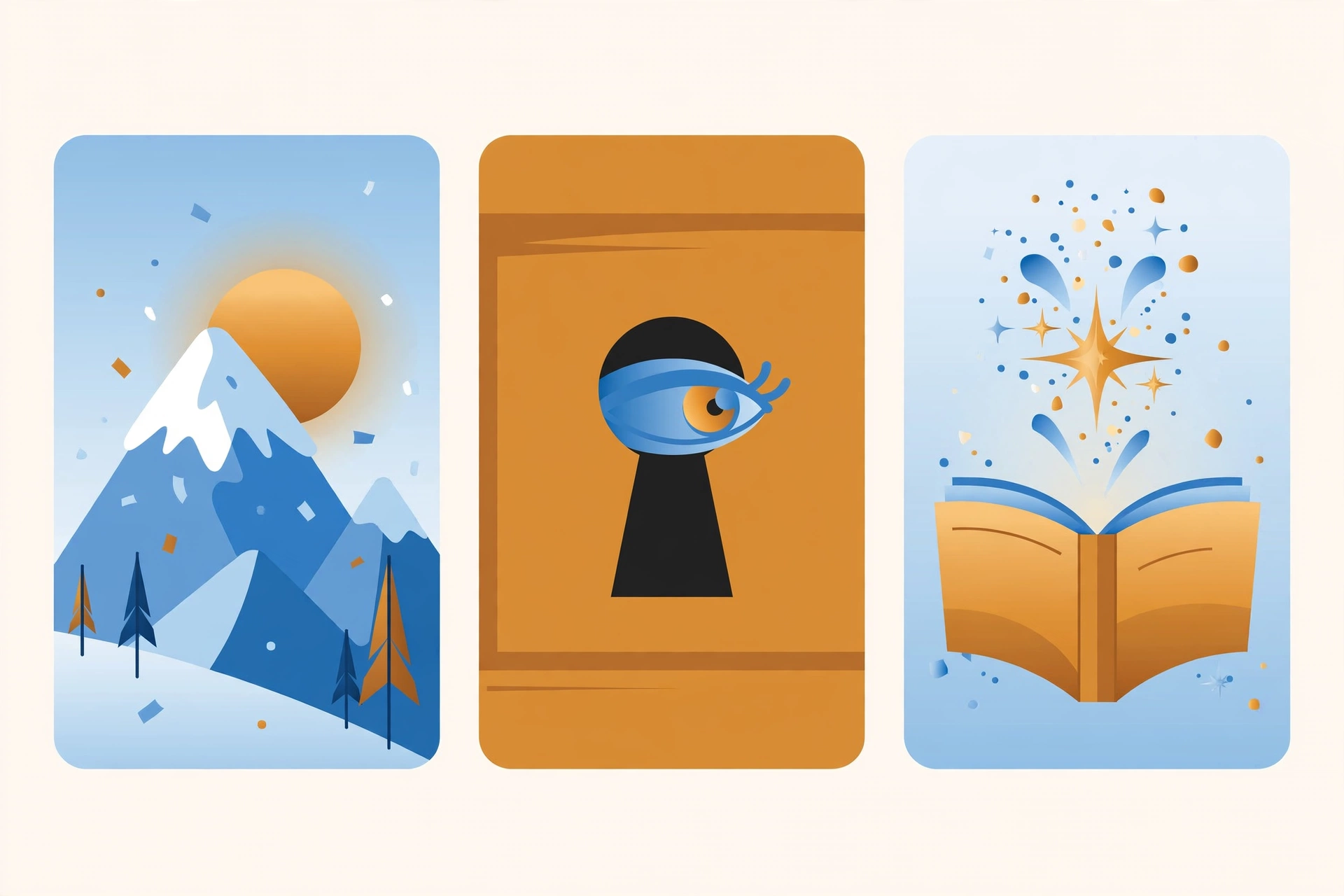 Illustration of a mountain peak, an eye peeking through a keyhole, and a spark of curiosity, visualizing peak vs peek vs pique