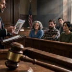 A courtroom scene with a lawyer presenting evidence to a jury, judge's gavel in the foreground, dramatic photorealistic style.