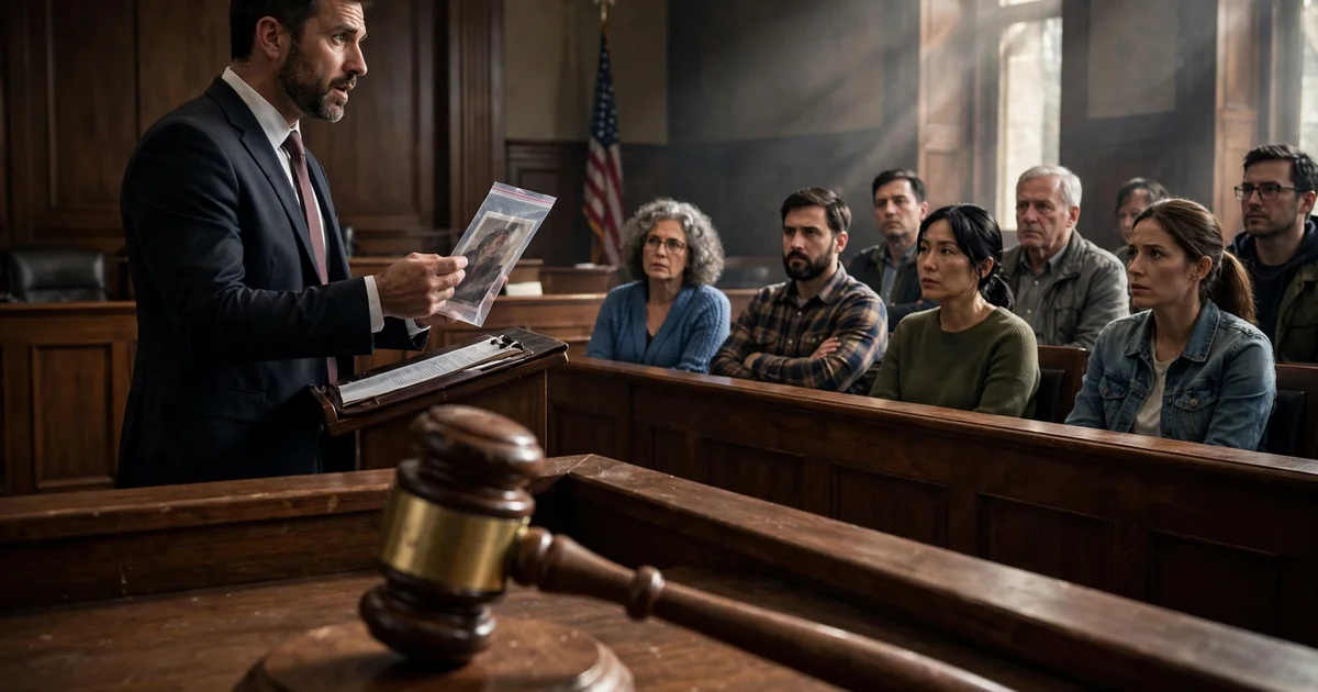 A courtroom scene with a lawyer presenting evidence to a jury, judge's gavel in the foreground, dramatic photorealistic style.