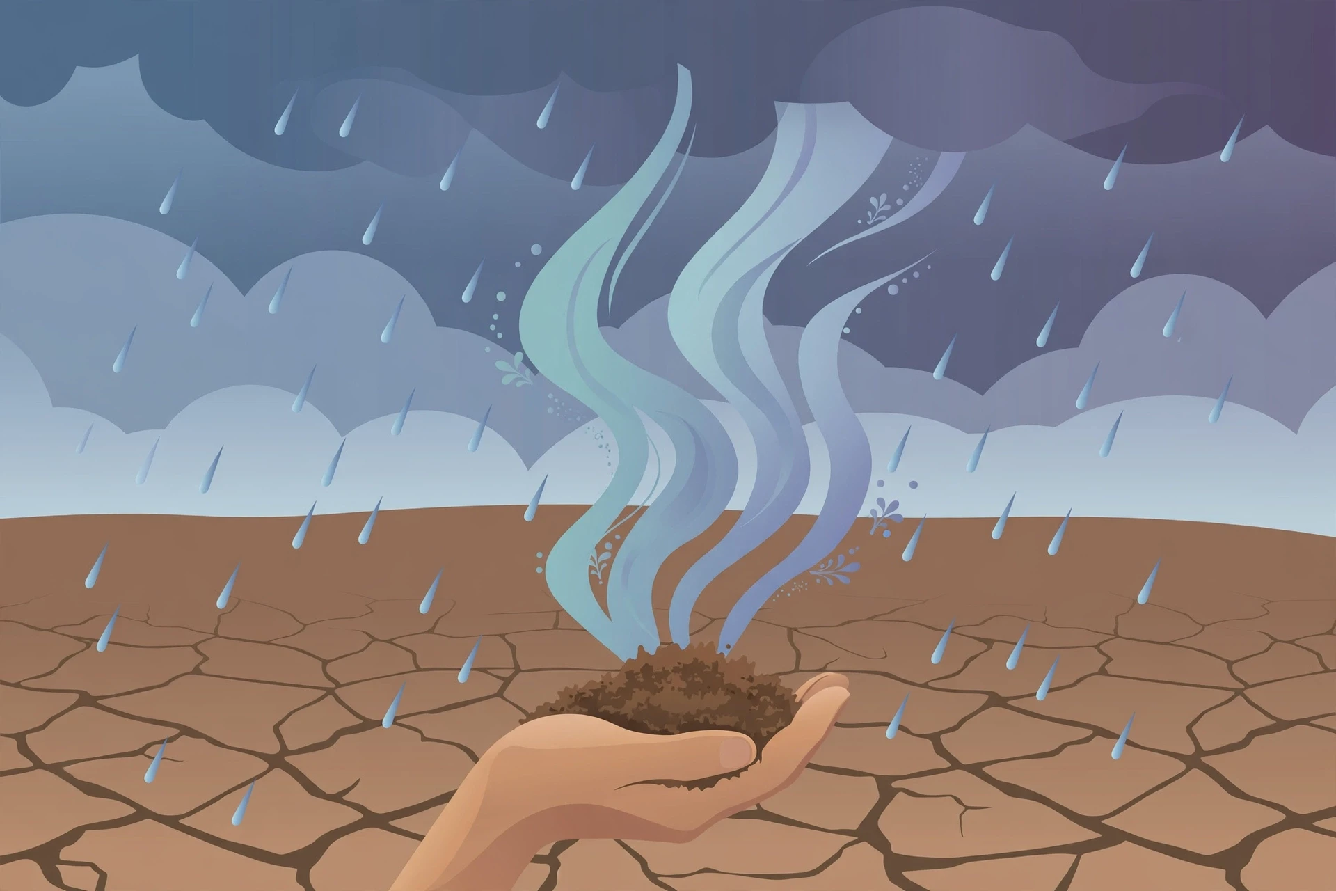 Illustration of raindrops falling on dry cracked earth with scent waves rising into the air, visualizing the meaning of petrichor
