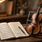 A violin on a music stand beside an open notebook, with a fountain pen resting on handwritten musical scales, warm study light, photorealistic style.