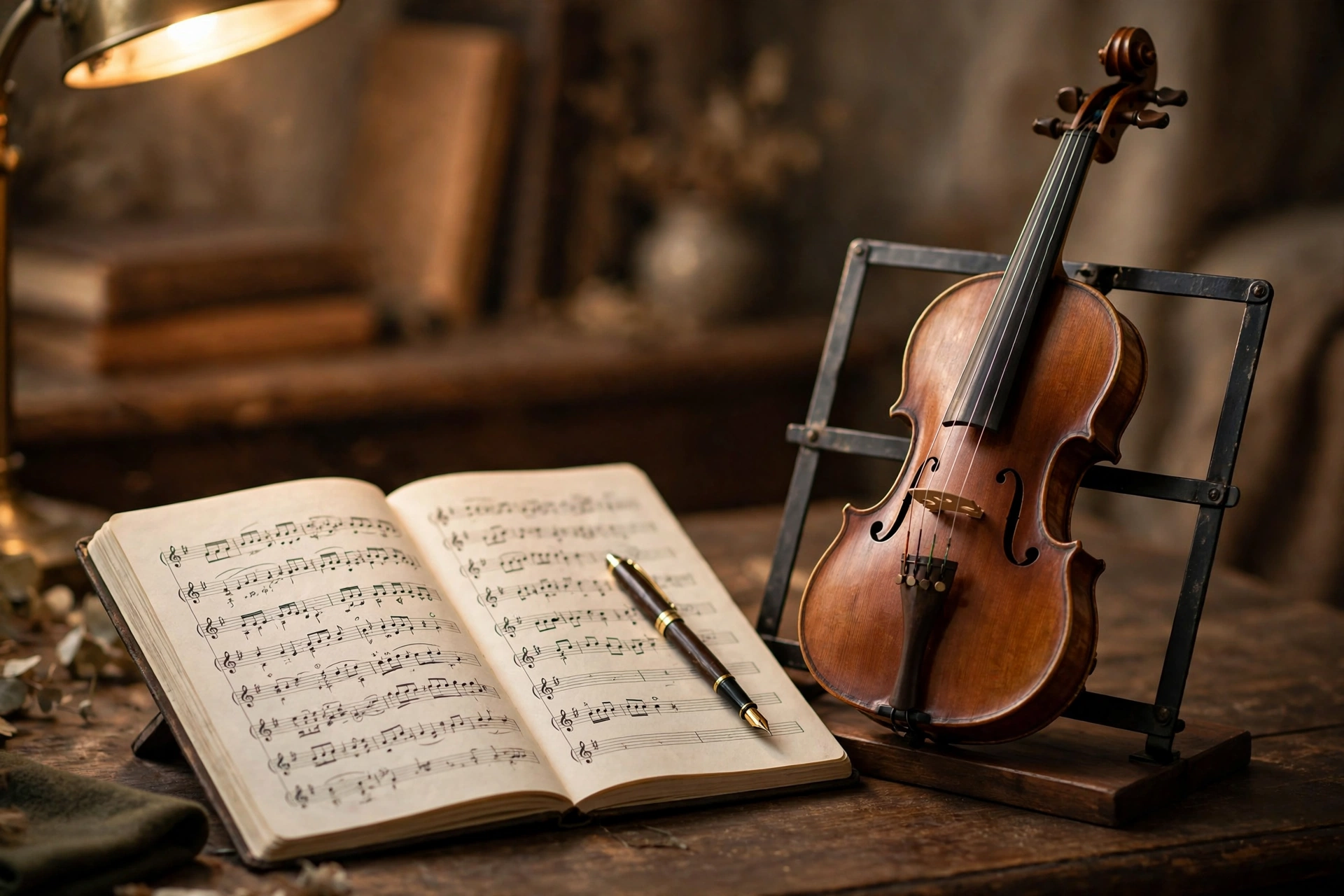A violin on a music stand beside an open notebook, with a fountain pen resting on handwritten musical scales, warm study light, photorealistic style.
