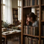 A quiet library reading room with a student whispering behind a bookshelf, soft window light, photorealistic style.