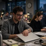 An office worker calmly closing a laptop at exactly 5 PM while colleagues keep typing around a dim office, photorealistic style.