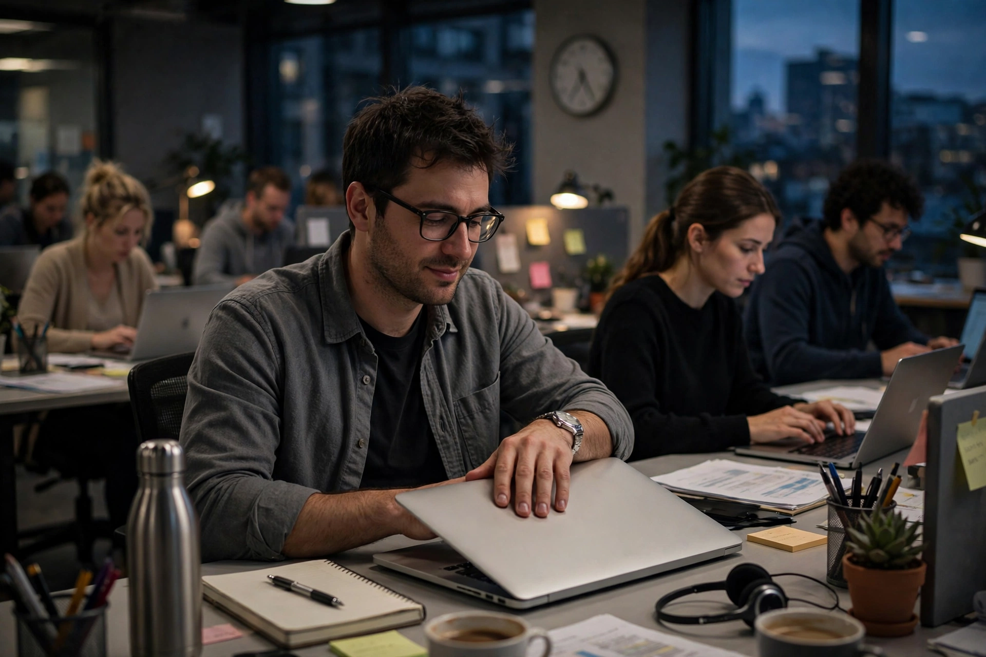 An office worker calmly closing a laptop at exactly 5 PM while colleagues keep typing around a dim office, photorealistic style.