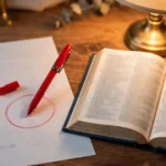 A red pen circling a misspelled word on a printed page with a dictionary open beside it, study desk, photorealistic style.
