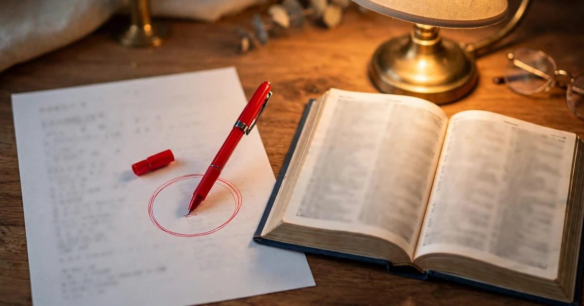A red pen circling a misspelled word on a printed page with a dictionary open beside it, study desk, photorealistic style.