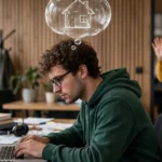 A thought bubble shaped like a small house floating above a person's head while they work at a desk, a friend waving nearby unnoticed, photorealistic style.