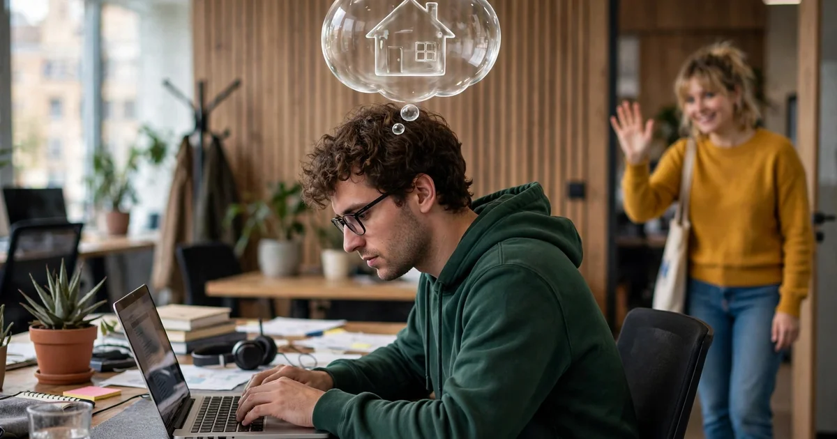 A thought bubble shaped like a small house floating above a person's head while they work at a desk, a friend waving nearby unnoticed, photorealistic style.