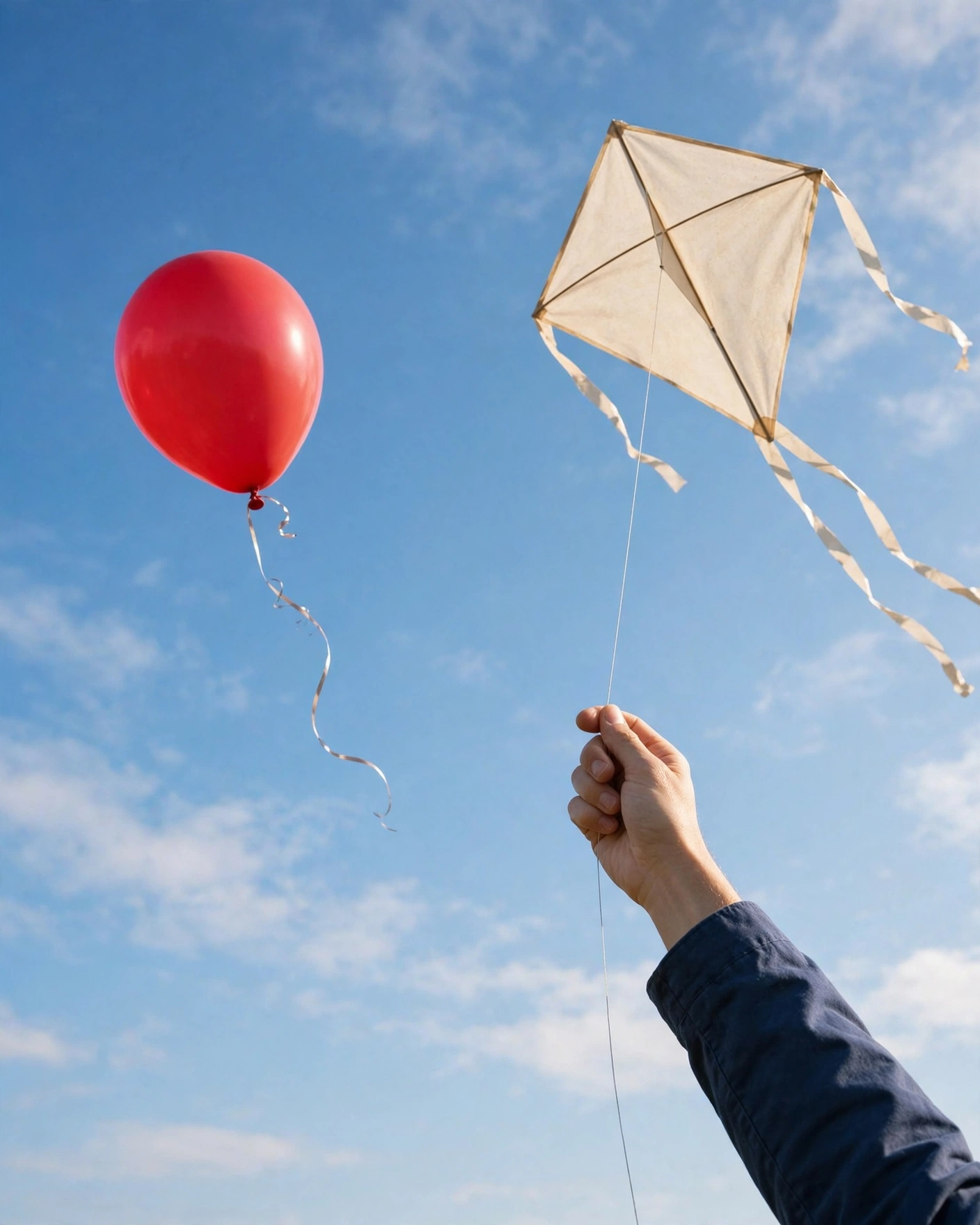 A red balloon rising freely into a blue morning sky beside a raised hand lifting a paper kite upward on a string, photorealistic style.