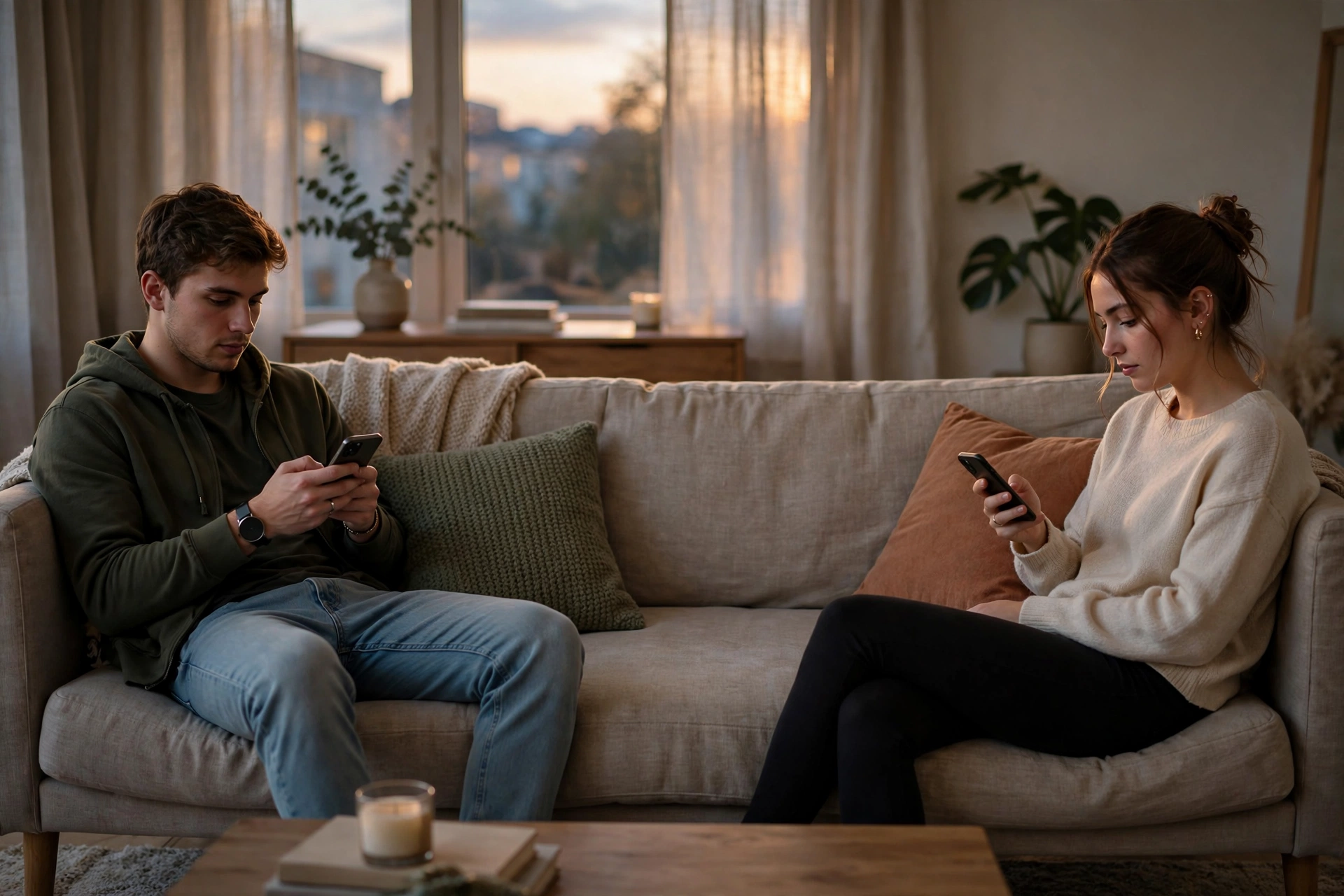 A young couple sitting apart on opposite ends of a couch, both looking at their phones, soft evening light, photorealistic style.