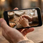 A person's hand holding a phone showing a cropped photo of two people holding hands at a cafe table, faces out of frame, warm photorealistic style.