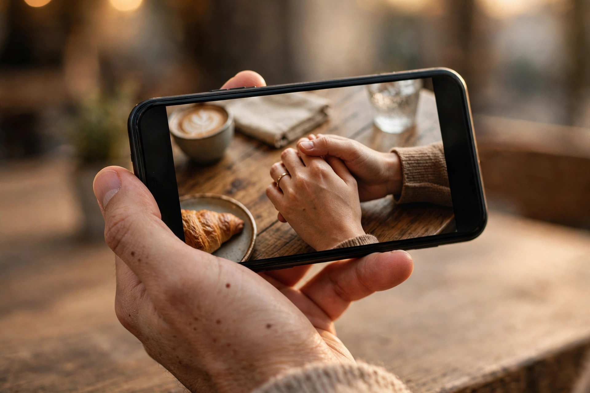 A person's hand holding a phone showing a cropped photo of two people holding hands at a cafe table, faces out of frame, warm photorealistic style.