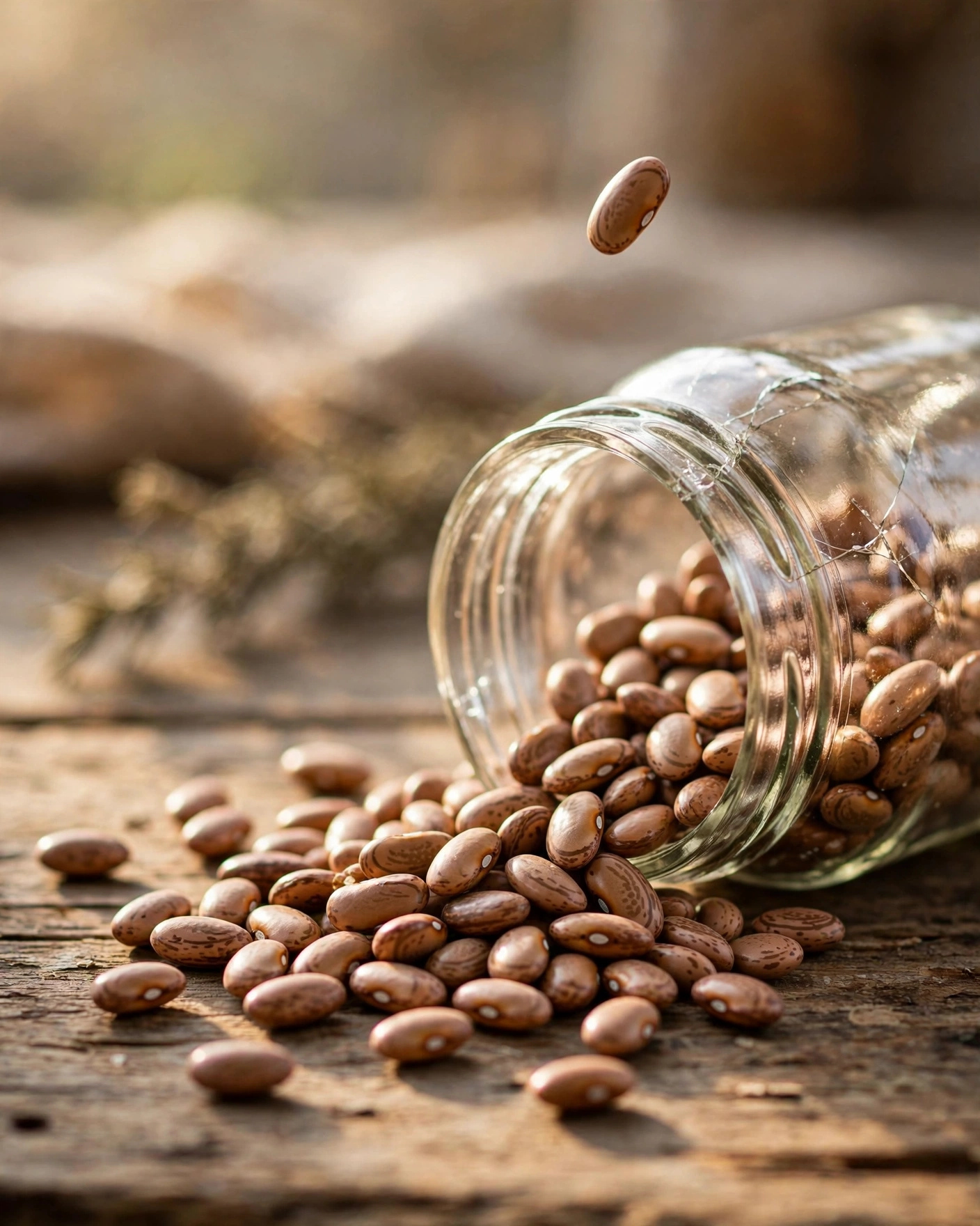 A tipped glass jar spilling dried beans across a rustic wooden table, one bean mid-air, shallow depth of field, photorealistic style.