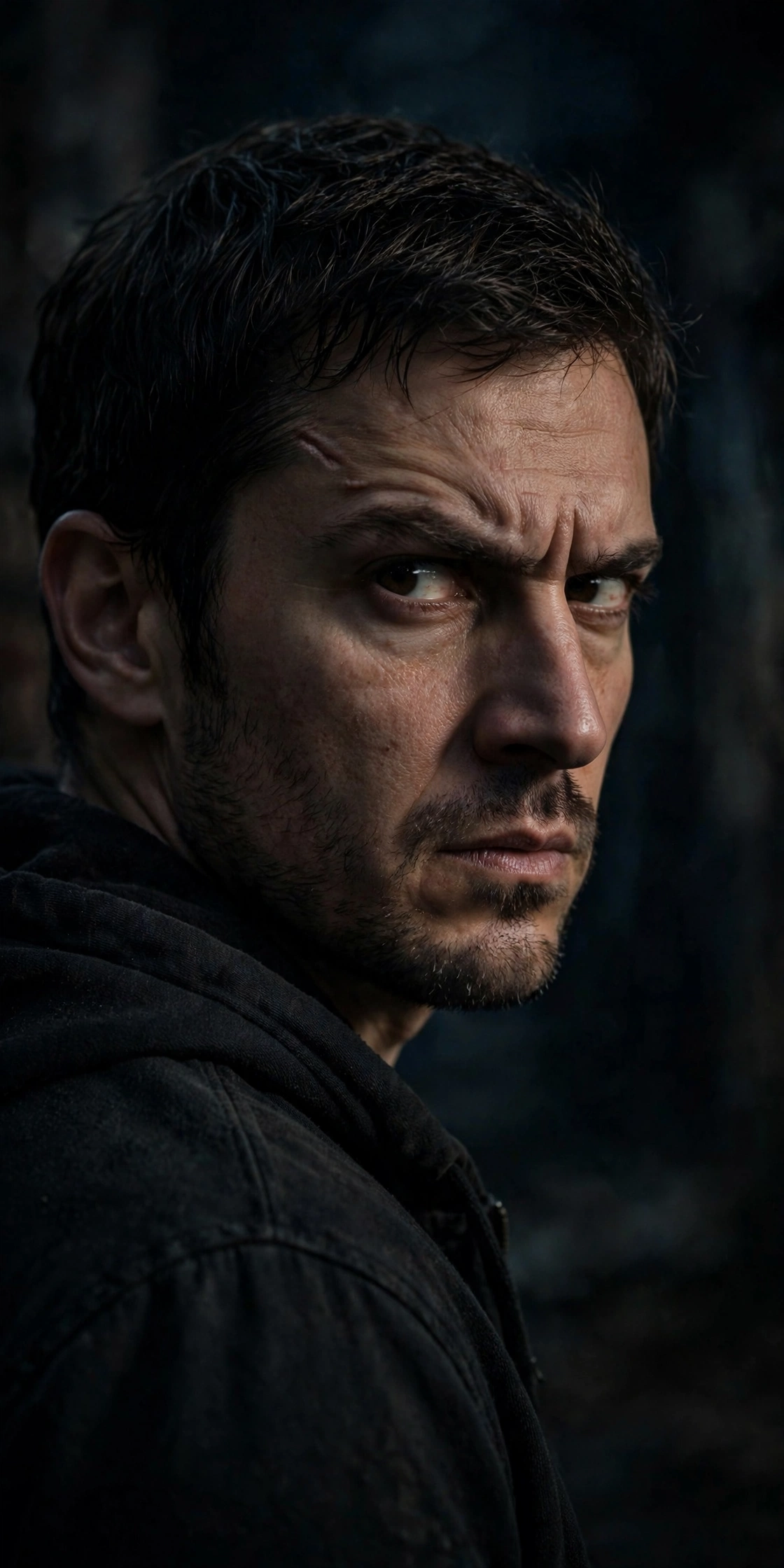 A man with narrowed, suspicious eyes glancing sideways at the camera, dim dramatic lighting, photorealistic style.