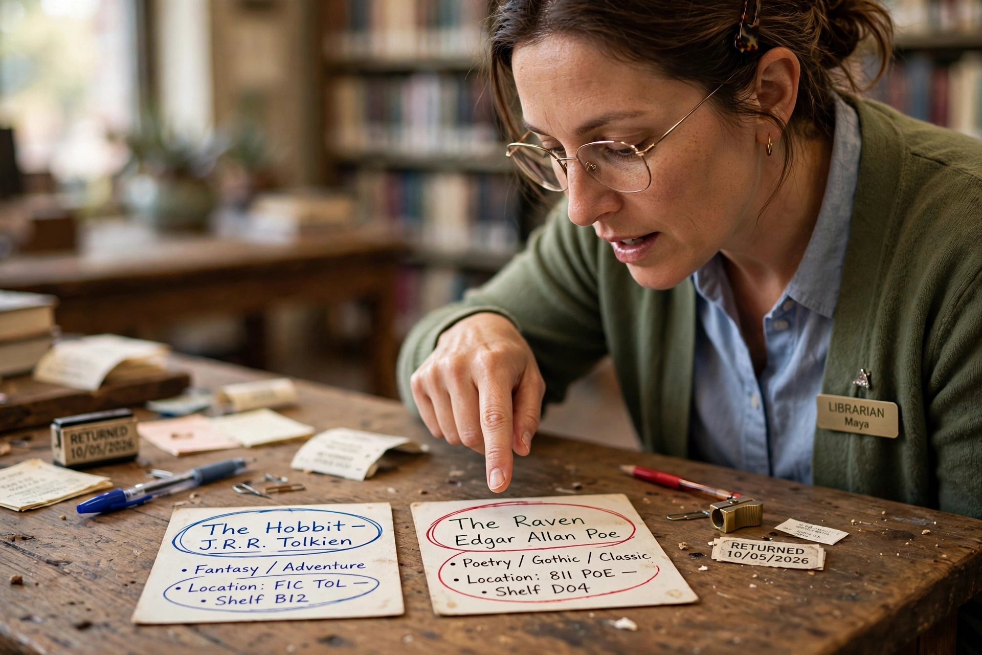 A librarian pointing at two book cards on a wooden desk, one circled in red ink and one in blue, shallow depth of field, photorealistic style.