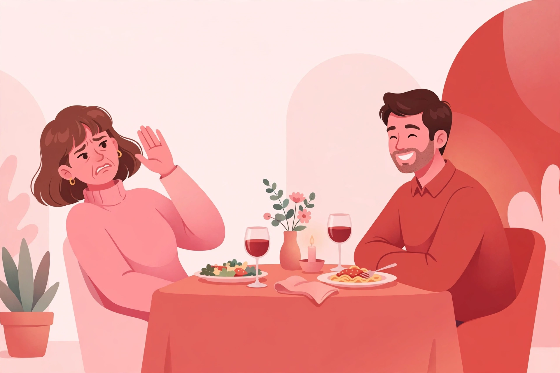 Illustration of a person recoiling in disgust on a date while their smiling partner stays unaware, visualizing the meaning of the ick
