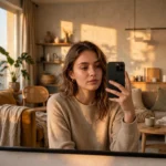 A young woman taking a mirror selfie in flattering golden-hour light, phone angled casually, stylish apartment background, photorealistic style.