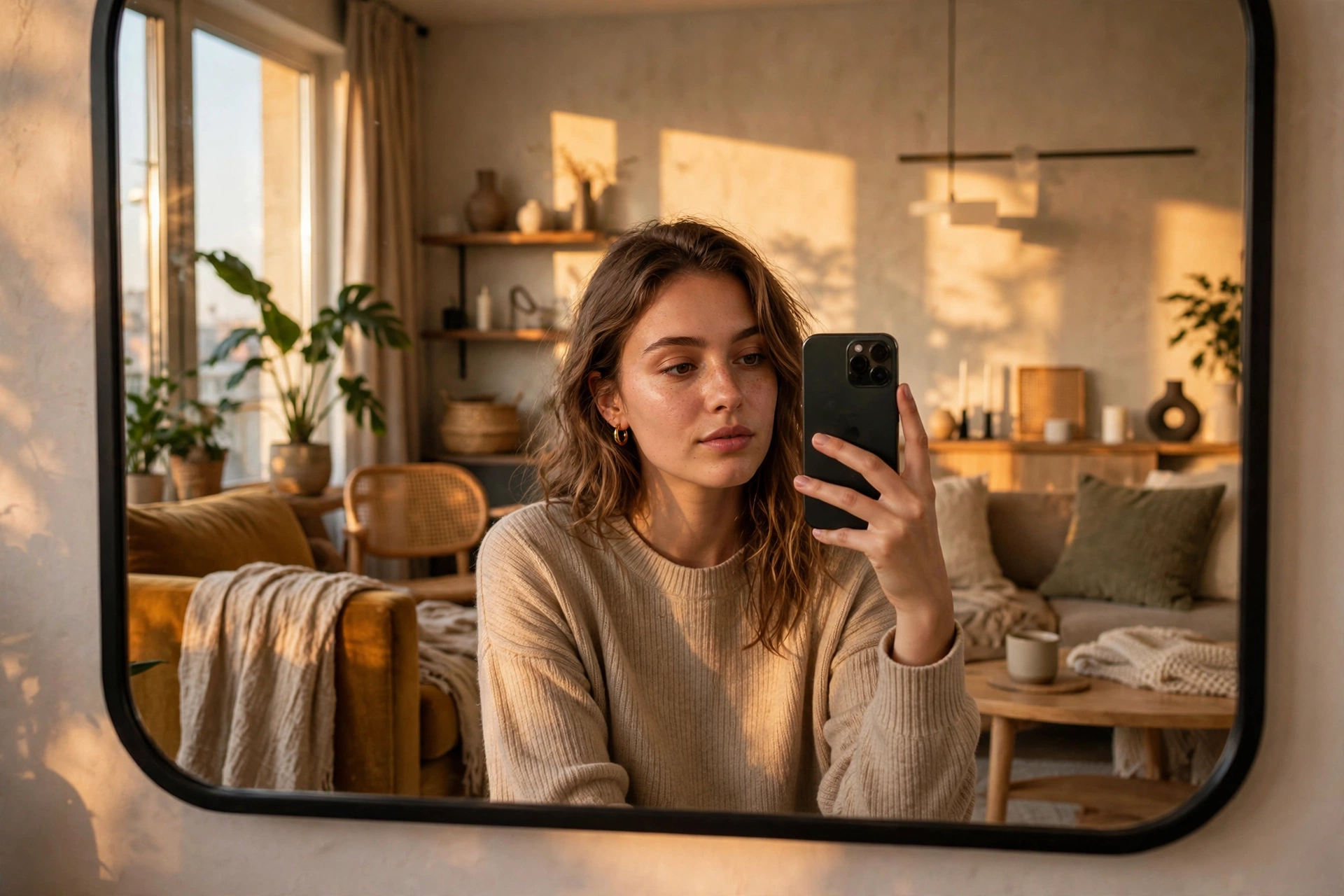 A young woman taking a mirror selfie in flattering golden-hour light, phone angled casually, stylish apartment background, photorealistic style.
