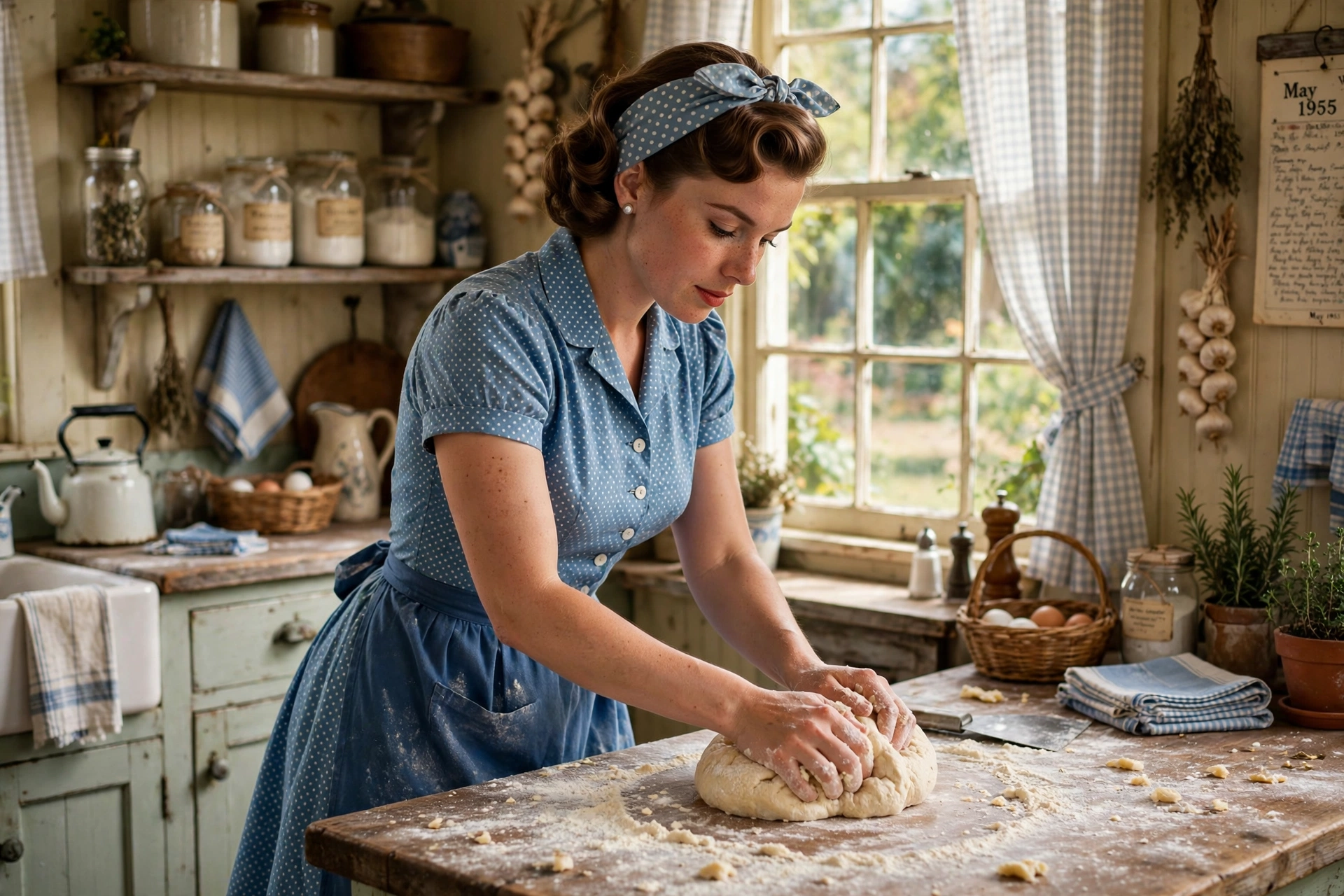 A woman in a vintage 1950s-style dress kneading bread dough on a flour-dusted wooden counter in a sunny farmhouse kitchen, photorealistic style.