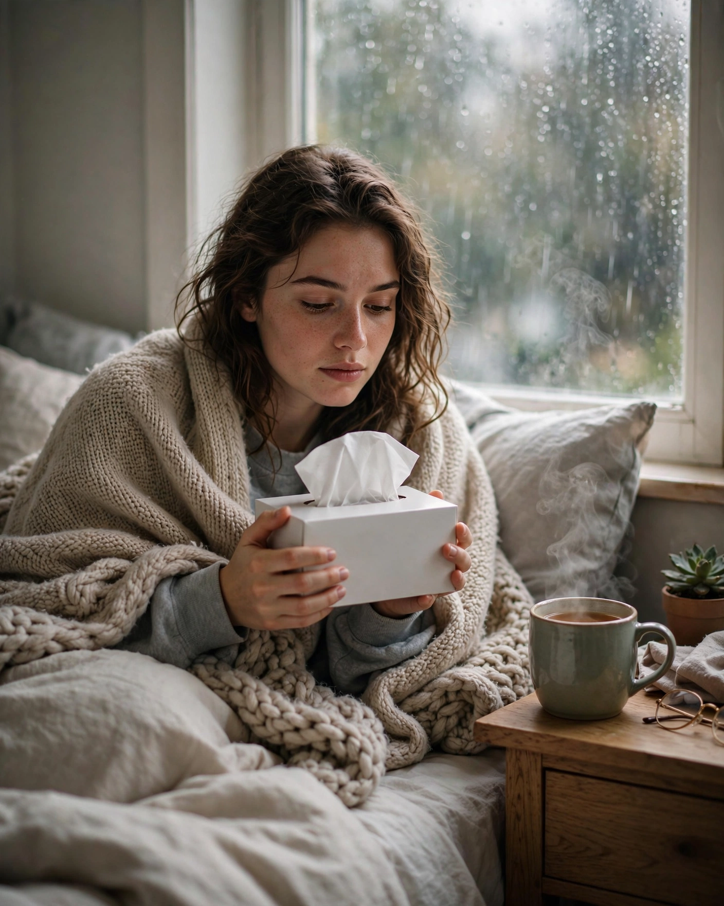 A young woman wrapped in a blanket on a bed, holding a tissue box, steaming tea mug on the nightstand, rain blurred on the window behind, photorealistic style.